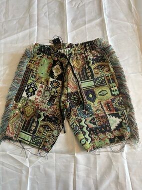 Men's Patterned Fringe Shorts - Green Multi
